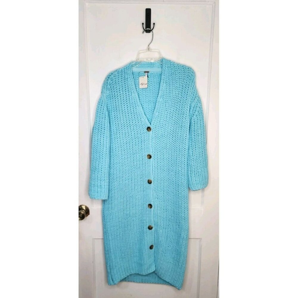 NWT FREE PEOPLE Offside Longline Cardigan Size Small Crystal Seas Blue Knit